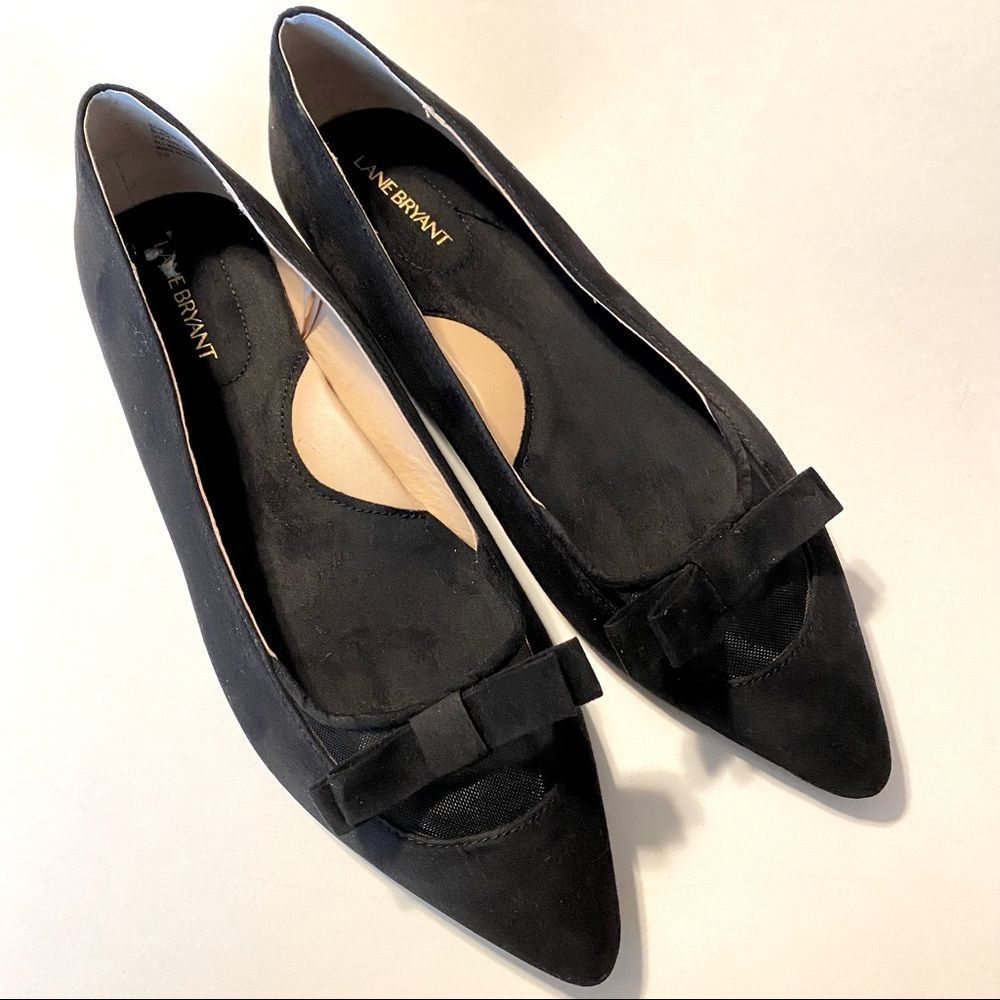 Lane Bryant Pointed Toe Faux Suede black ballet Flats-illusion bow mesh -12W NEW